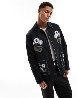 ASOS DESIGN embroidered worker jacket in black - ASOS Price Checker