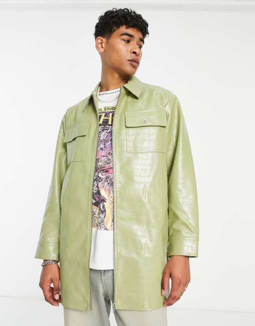 ASOS DESIGN Veste chemise oversize en similicuir effet croco Vert sauge ASOS