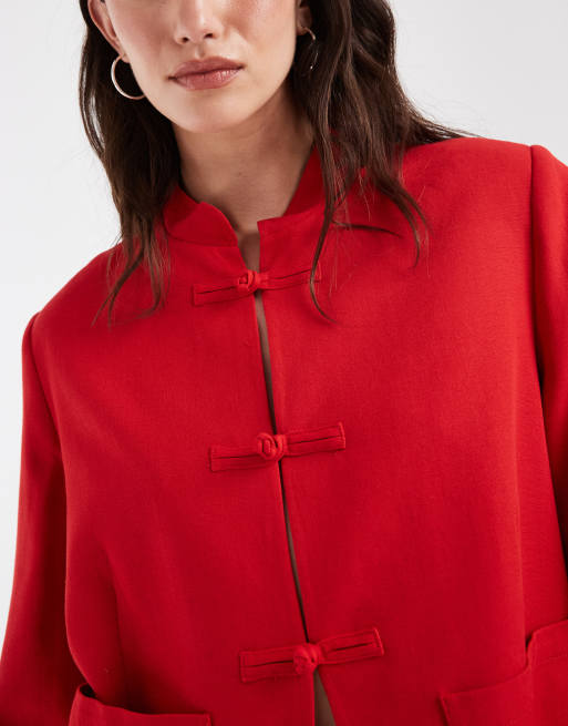 ASOS DESIGN veste coupe carrée en mélange de lin col mao rouge, 3 de 4