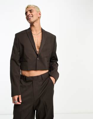 ASOS DESIGN cropped suit jacket in brown - ASOS Price Checker