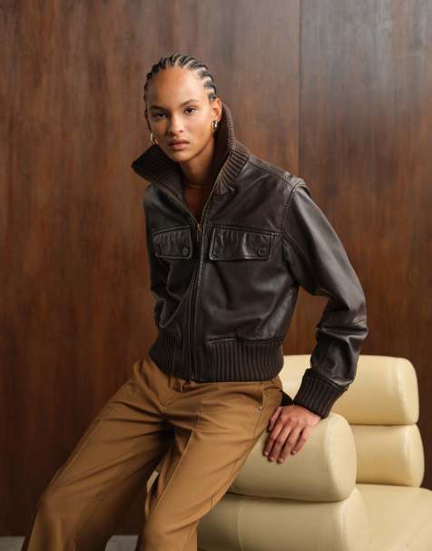 ASOS DESIGN - Veste courte en cuir véritable - Chocolat délavé - view 1