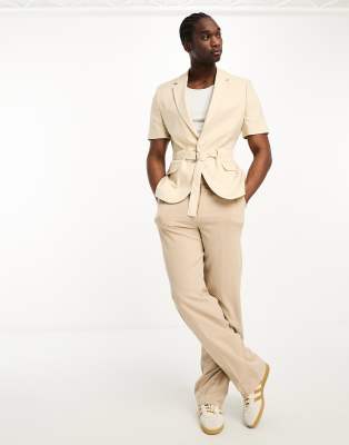 ASOS DESIGN short sleeved belted suit jacket in sand - ASOS Price Checker
