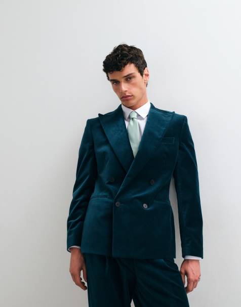 ASOS DESIGN - Veste de costume ajustée à double boutonnage en velours de coton - Bleu sarcelle foncé - view 1