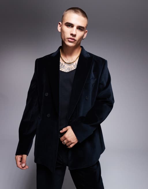 ASOS DESIGN - Veste de costume ajustée à double boutonnage en velours de coton - Noir