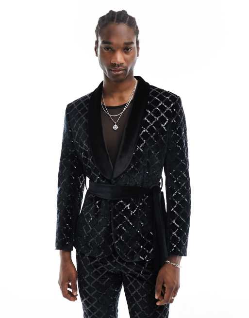 ASOS DESIGN - Veste de costume ajustée à losanges et sequins - Noir