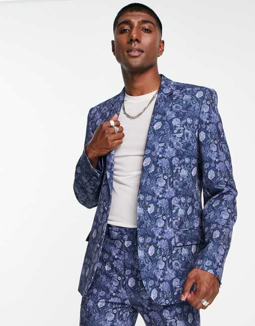 Asos Design Veste De Costume Ajustée Avec Imprimé Bleu Asos