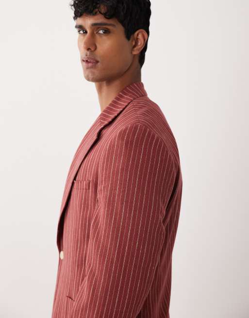 ASOS DESIGN - Veste de costume ajustée en lin majoritaire à rayures - Terracotta, 4 de 5