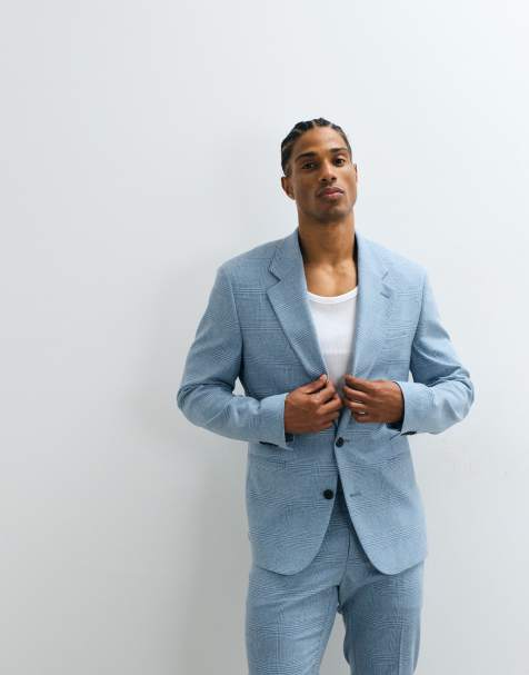 ASOS DESIGN - Veste de costume ajustée en lin mélangé à carreaux - Bleu - view 1