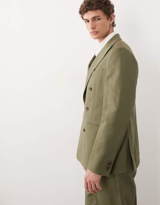 ASOS DESIGN - Veste de costume ajustée en lin mélangé à double boutonnage - Olive foncé, 4 de 9