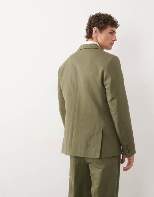 ASOS DESIGN - Veste de costume ajustée en lin mélangé à double boutonnage - Olive foncé, 5 de 9