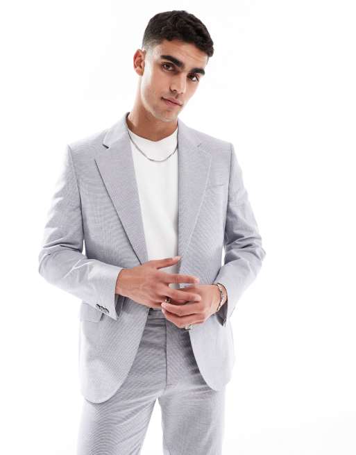 ASOS DESIGN - Veste de costume ajustée en lin mélangé à petit motif pied-de-poule - Gris