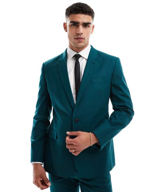 Asos Design Veste De Costume Ajustée En Lin Mélangé Vert Sarcelle