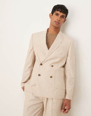 ASOS DESIGN - Veste de costume ajustée en lin - Taupe à rayures - view 1
