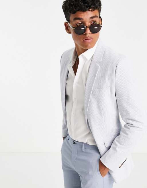 ASOS DESIGN - Veste de costume ajustée en seersucker à rayures - Bleu