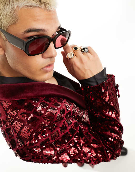 ASOS DESIGN - Veste de costume ajustée en velours à losanges et sequins - Bordeaux, 5 de 5