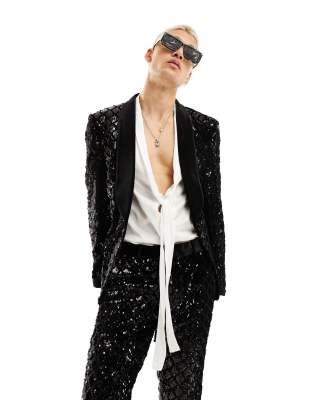 ASOS DESIGN skinny suit jacket in sequin diamond velvet in black  - ASOS Price Checker