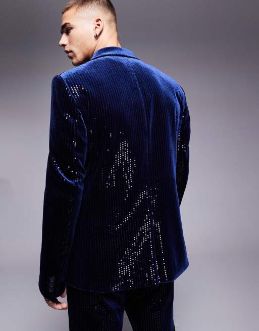 ASOS DESIGN - Veste de costume ajustée en velours à sequins - Bleu marine, 3 de 5