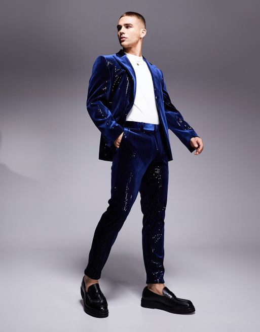 ASOS DESIGN - Veste de costume ajustée en velours à sequins - Bleu marine, 5 de 5