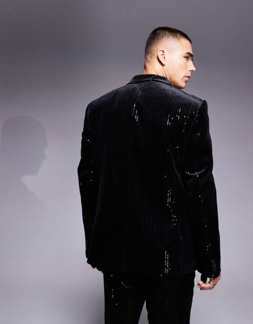 ASOS DESIGN - Veste de costume ajustée en velours à sequins - Noir, 3 de 5