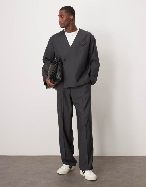 ASOS DESIGN boxy collarless double breasted suit jacket in charcoal