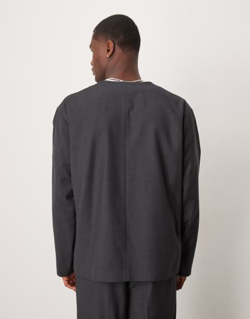 ASOS DESIGN boxy collarless double breasted suit jacket in charcoal
