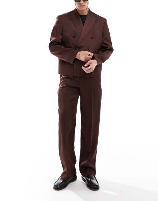 ASOS DESIGN - Veste de costume coupe décontractée ample en satin à double boutonnage - Marron