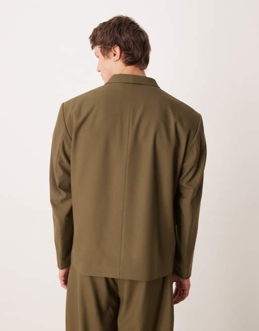 ASOS DESIGN - Veste de costume croisée coupe carrée à col châle en sergé - Vert olive, 3 de 5