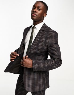 ASOS DESIGN super skinny wedding suit jacket in brown micro check  - ASOS Price Checker