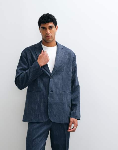 ASOS DESIGN - Veste de costume oversize en denim aspect rayures fines - Bleu marine - view 1