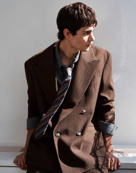 ASOS DESIGN veste de costume regular croisée à double boutonnage à rayures marron - view 1