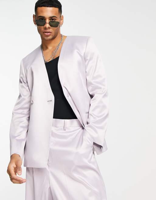 ASOS DESIGN Veste de costume satin e longue et ajust e sans col Lilas