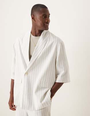 ASOS DESIGN - Veste de costume souple et oversize en lin mélangé à fines rayures - Blanc - view 1