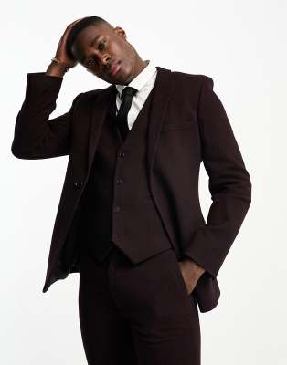ASOS DESIGN super skinny wool mix suit jacket in herringbone in burgundy - ASOS Price Checker