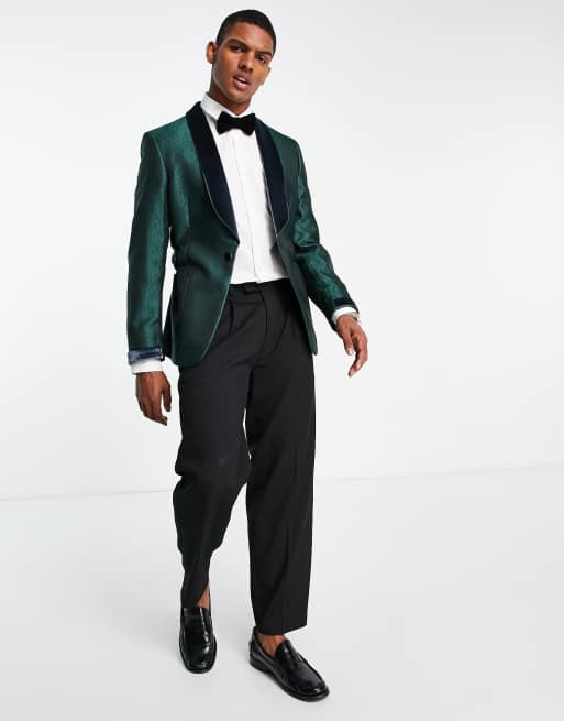 ASOS DESIGN Veste de smoking ajust e en satin revers en velours Bleu sarcelle fonc et bleu marine g om trique