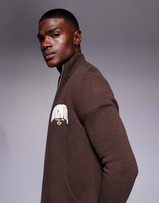 ASOS DESIGN - Veste de survêtement décontractée en maille à fermeture éclair avec imprimé Marseille - Marron, 4 de 5