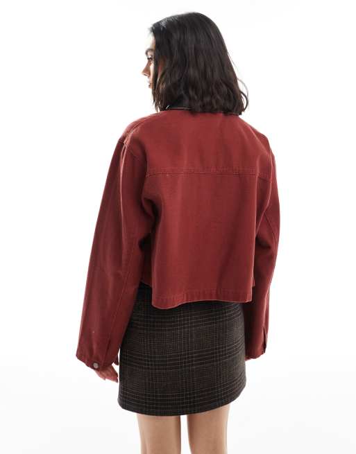 ASOS DESIGN - Veste de travail courte avec col en imitation cuir - Rouge délavé, 4 de 4