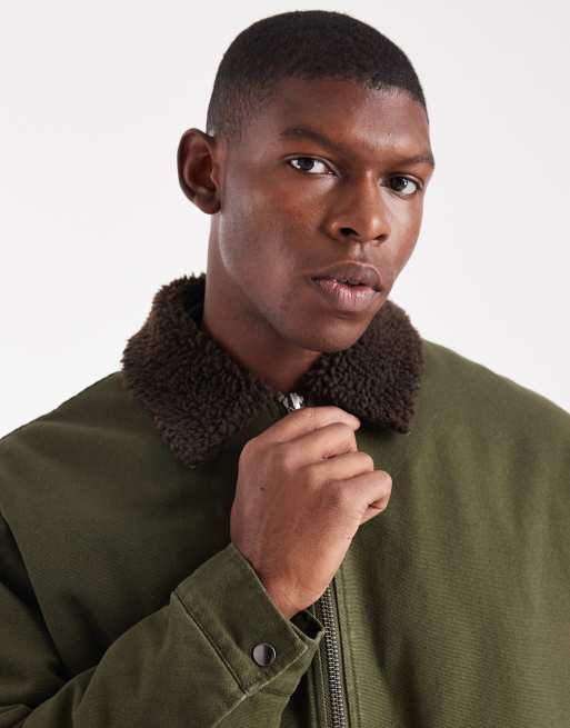 ASOS DESIGN - Veste d'entraîneur avec col contrastant en imitation peau de mouton - Vert olive, 5 de 5