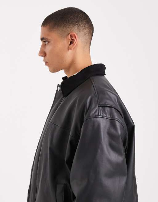 ASOS DESIGN - Veste d'entraîneur en cuir véritable - Noir, 4 de 5