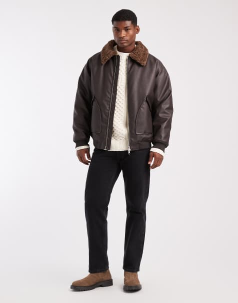 ASOS DESIGN - Veste d'entraîneur en similicuir avec col en imitation peau de mouton - Marron - view 1