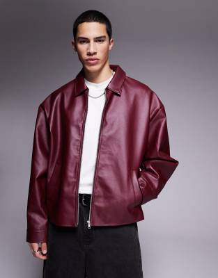ASOS DESIGN - Veste d'entraîneur oversize en similicuir - Bordeaux-Rouge