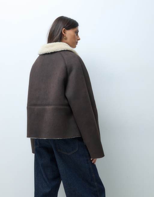 ASOS DESIGN veste doublée en peau retournée avec fausse fourrure crème marron, 4 de 4