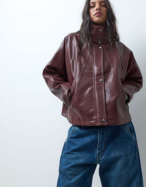 ASOS DESIGN veste effet cuir à manches chauve-souris années 80 en rouge foncé - view 1