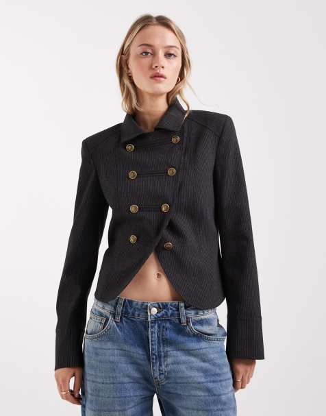 ASOS DESIGN - Veste effet rétréci style officier à fines rayures - Marron - view 1