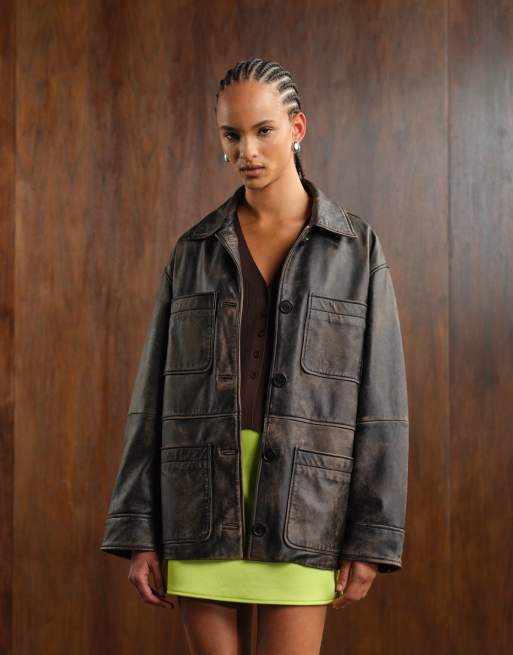 ASOS DESIGN - Veste en cuir effet vieilli avec col - Noir délavé | ASOS