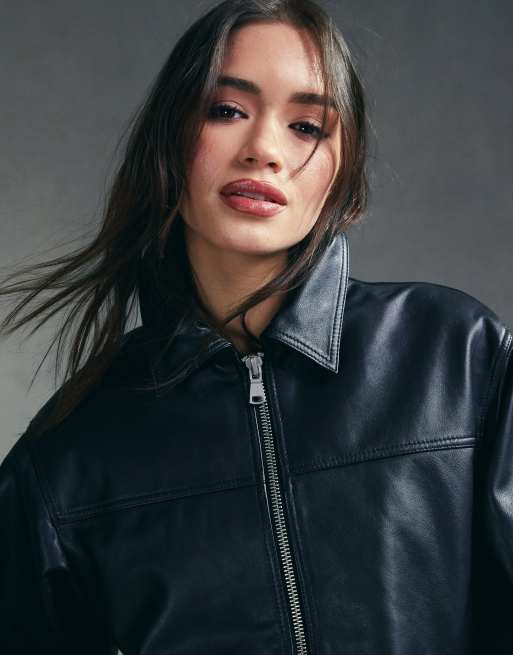 ASOS DESIGN Veste en cuir veritable de qualite superieure avec col Noir