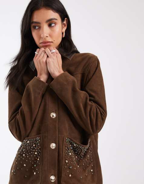 ASOS DESIGN veste en cuir véritable ornée avec col en cuir, olive - view 1