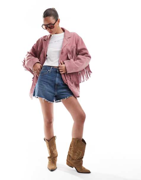 ASOS DESIGN - Veste en daim de qualité supérieure à franges - Rose pastel - view 1