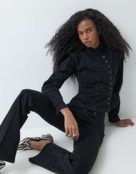 ASOS DESIGN veste en jean asymétrique cache-cœur boutonnée noire - view 1