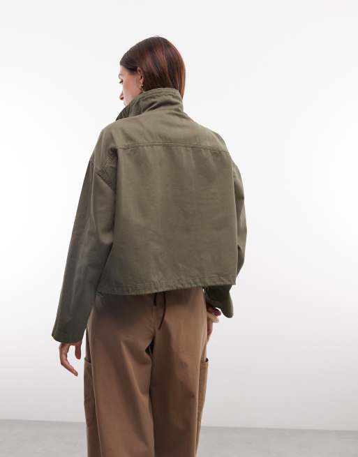ASOS DESIGN - Veste en jean légère à col cheminée et cordon de serrage - Kaki, 4 de 7