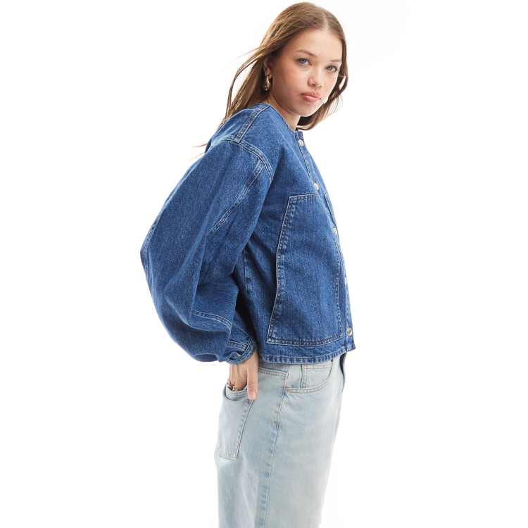 ASOS DESIGN Veste en jean sans col a manches ballon Indigo delave ASOS